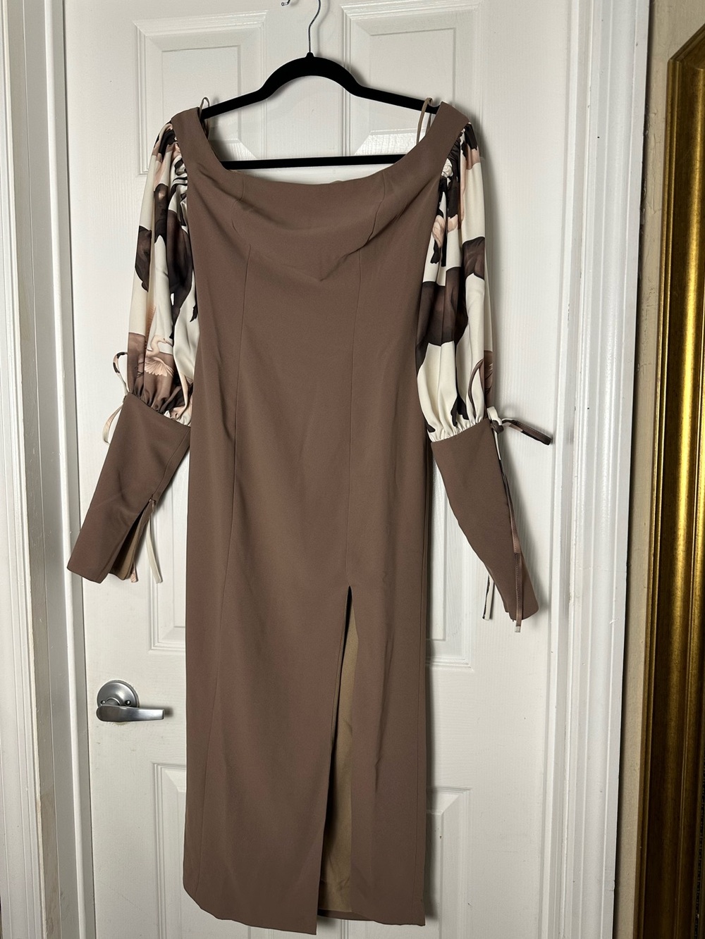 Zunilda Gutiérrez Brown Dress with Printed Puff Sleeves Size XS Animal Theme